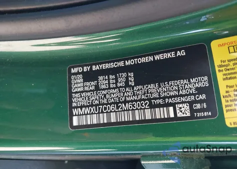 2020 Mini Hardtop Oxford Edition из США, поврежденный, VIN WMWXU7C06L2M63032